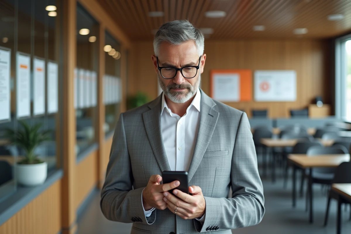 Homme en costume dans une agence bancaire en attente