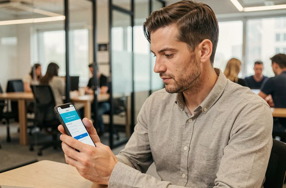 Homme vérifiant une authentification à deux facteurs sur smartphone dans un espace de coworking moderne