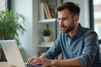 Homme en bureau à domicile regardant l'écran d'ordinateur