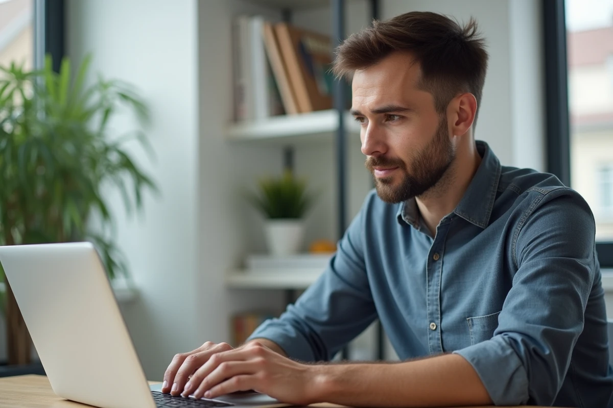 Homme en bureau à domicile regardant l'écran d'ordinateur