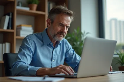 Homme d'&acirc;ge moyen travaillant &agrave; son bureau &agrave; domicile