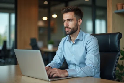 Homme en bureau travaillant sur un ordinateur portable
