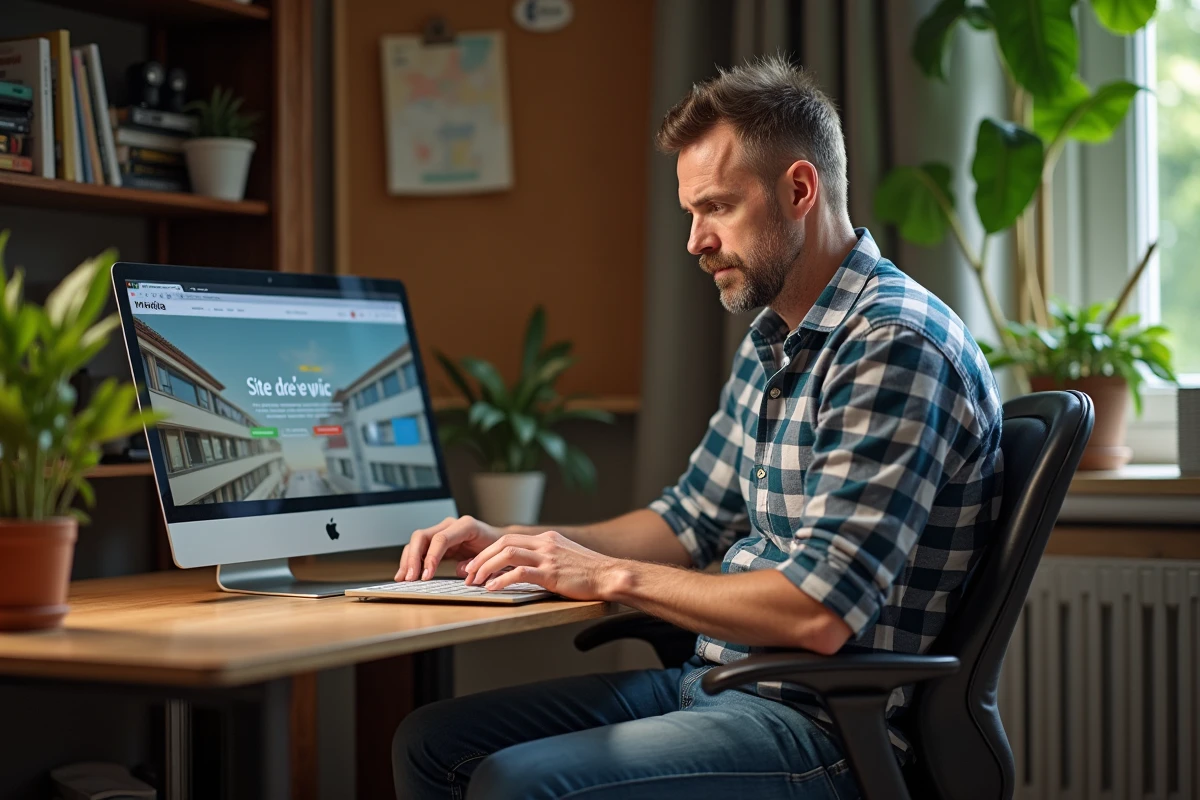 Homme d'âge moyen travaillant sur un ordinateur dans un bureau cosy
