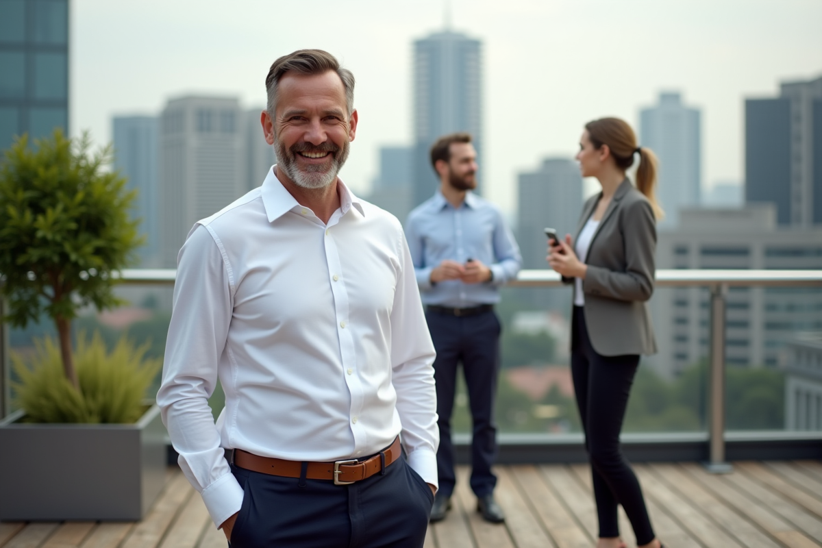 Homme décontracté discutant en terrasse urbaine
