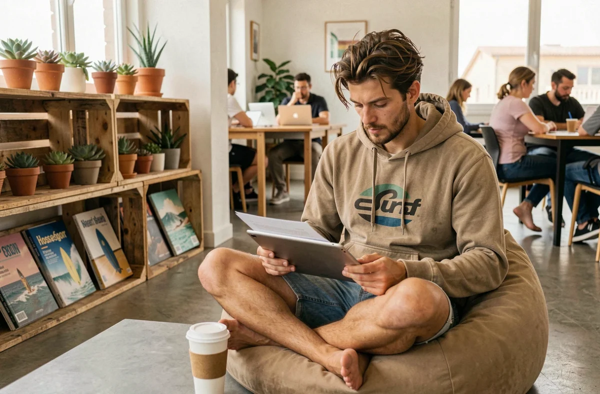 Jeune homme en tenue décontractée travaillant sur tablette dans un espace de coworking style surf à Hossegor
