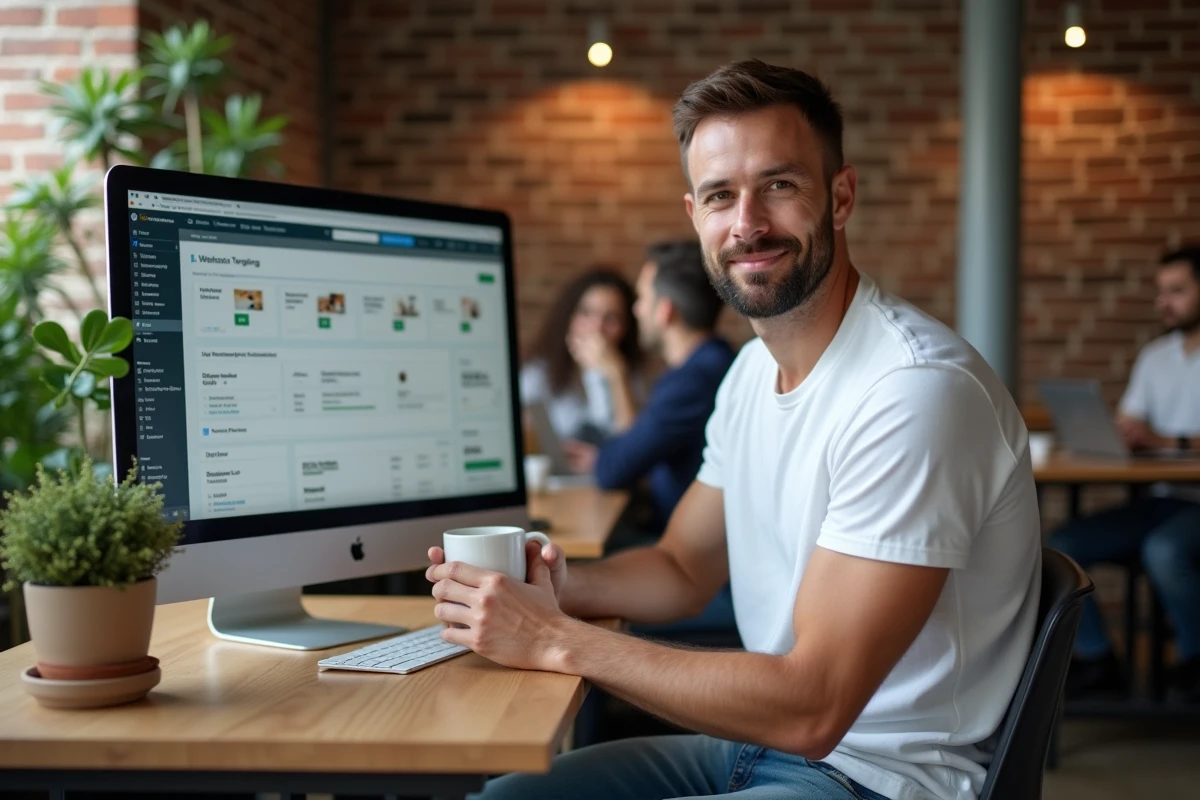Jeune homme sans compétences techniques utilisant un logiciel de création de site web dans un espace de co-working moderne