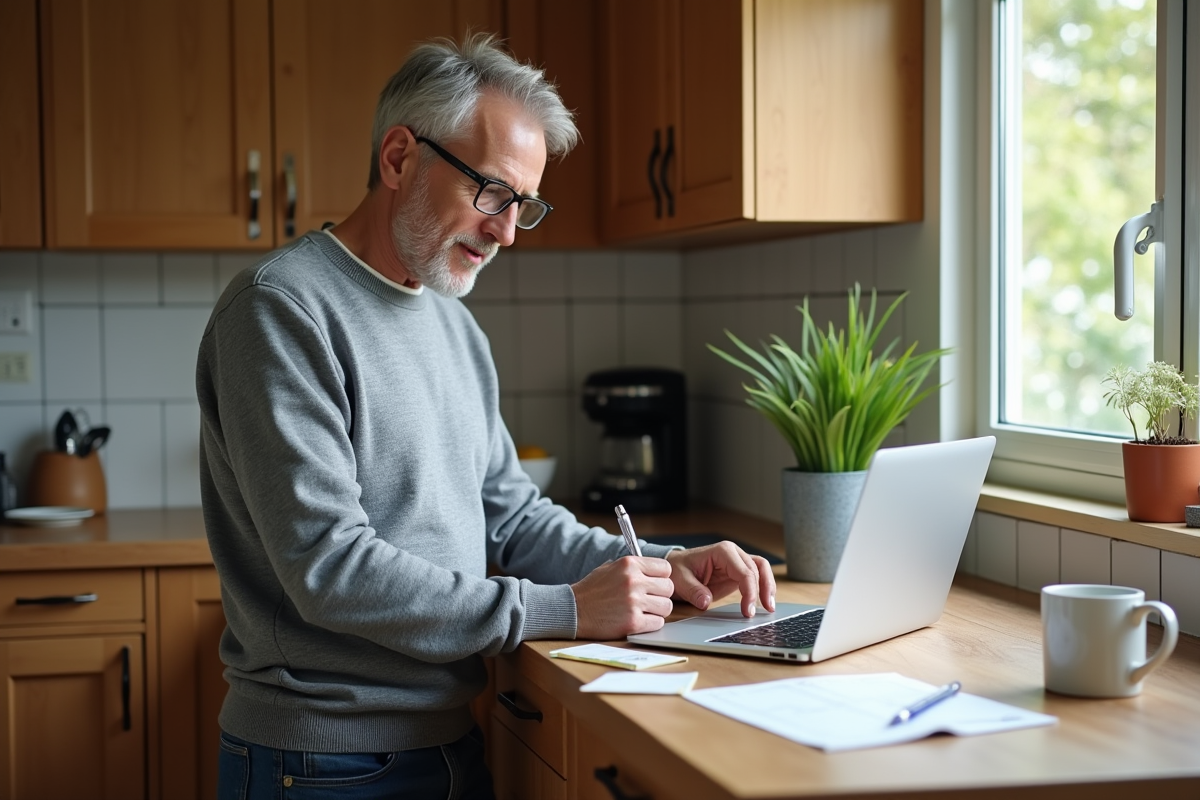 Homme remplissant un calendrier dans la cuisine à la maison