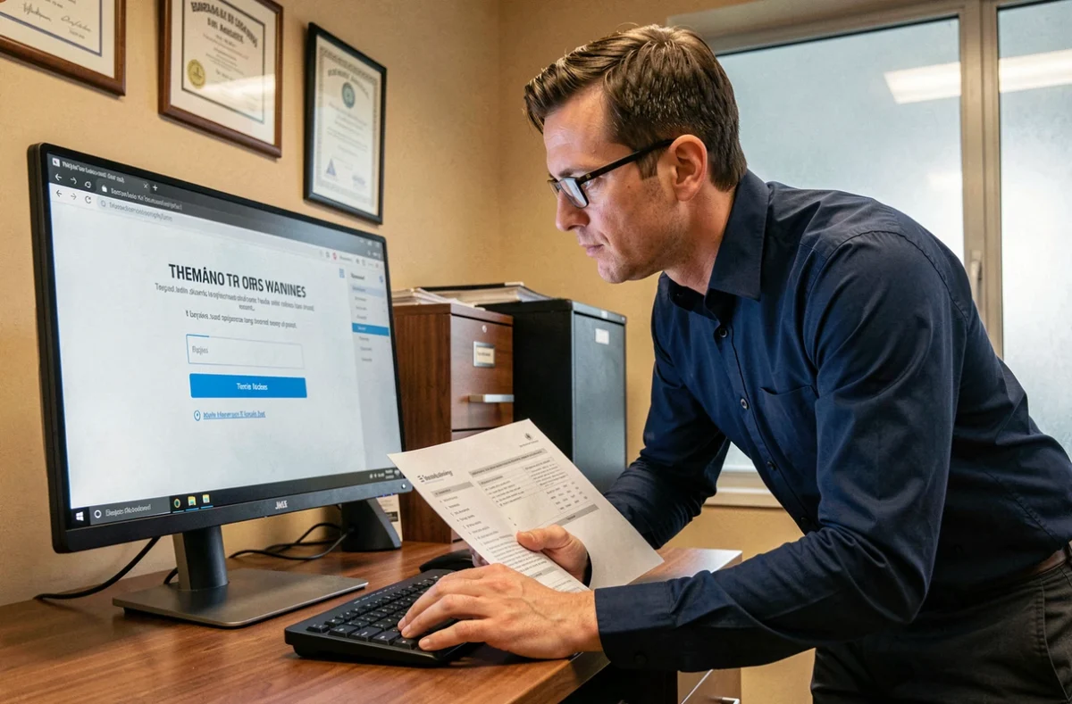 Homme consultant une liste de solutions pour résoudre un problème de connexion au portail RH HR4YOU sur son ordinateur de bureau