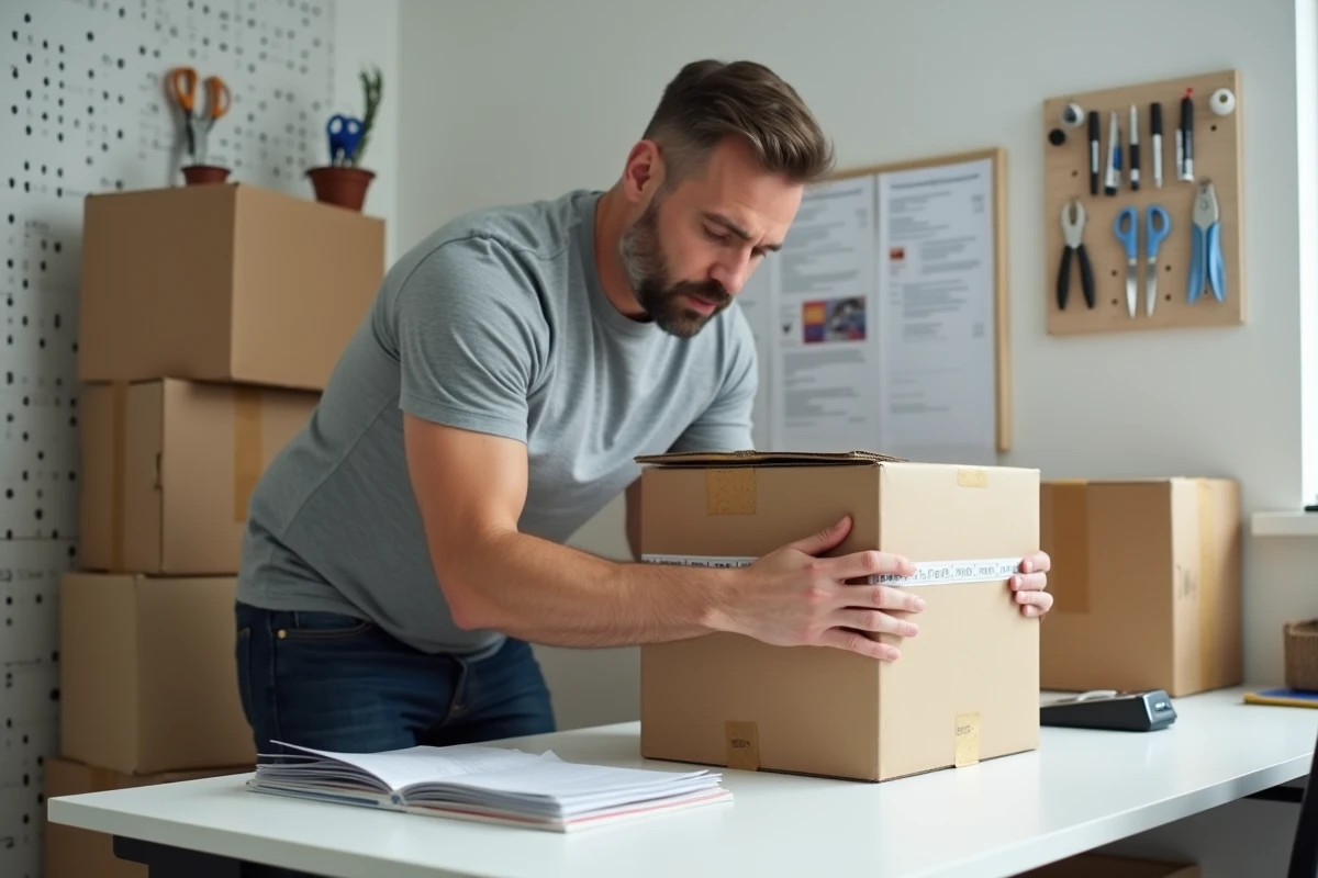 Homme scellant des boîtes d'expédition dans un espace de travail à domicile organisé avec une balance postale et des étiquettes
