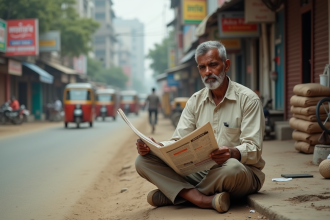 Homme indien lisant un journal dans une rue animée