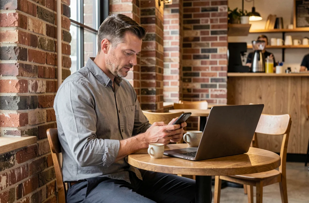 Homme consultant ses plannings Agendis 62 sur mobile depuis un café avec un ordinateur portable ouvert