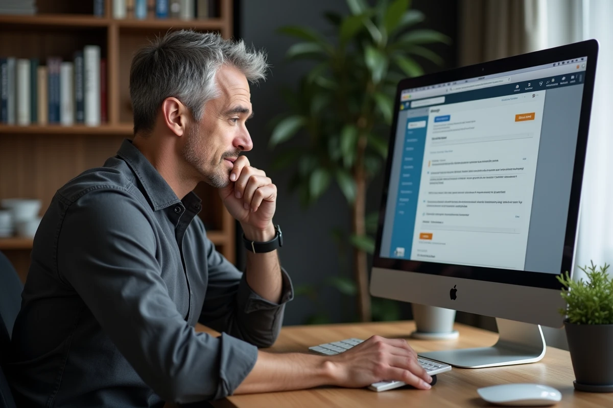 Homme consultant son profil LinkedIn sur un grand écran dans un bureau à domicile, réfléchissant à l'utilisation du texte en gras