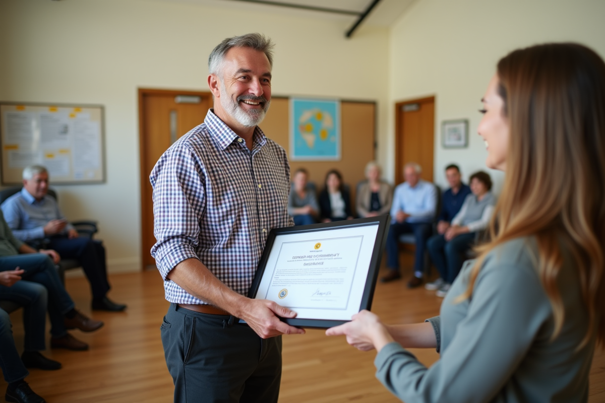 Homme souriant recevant un certificat lors d
