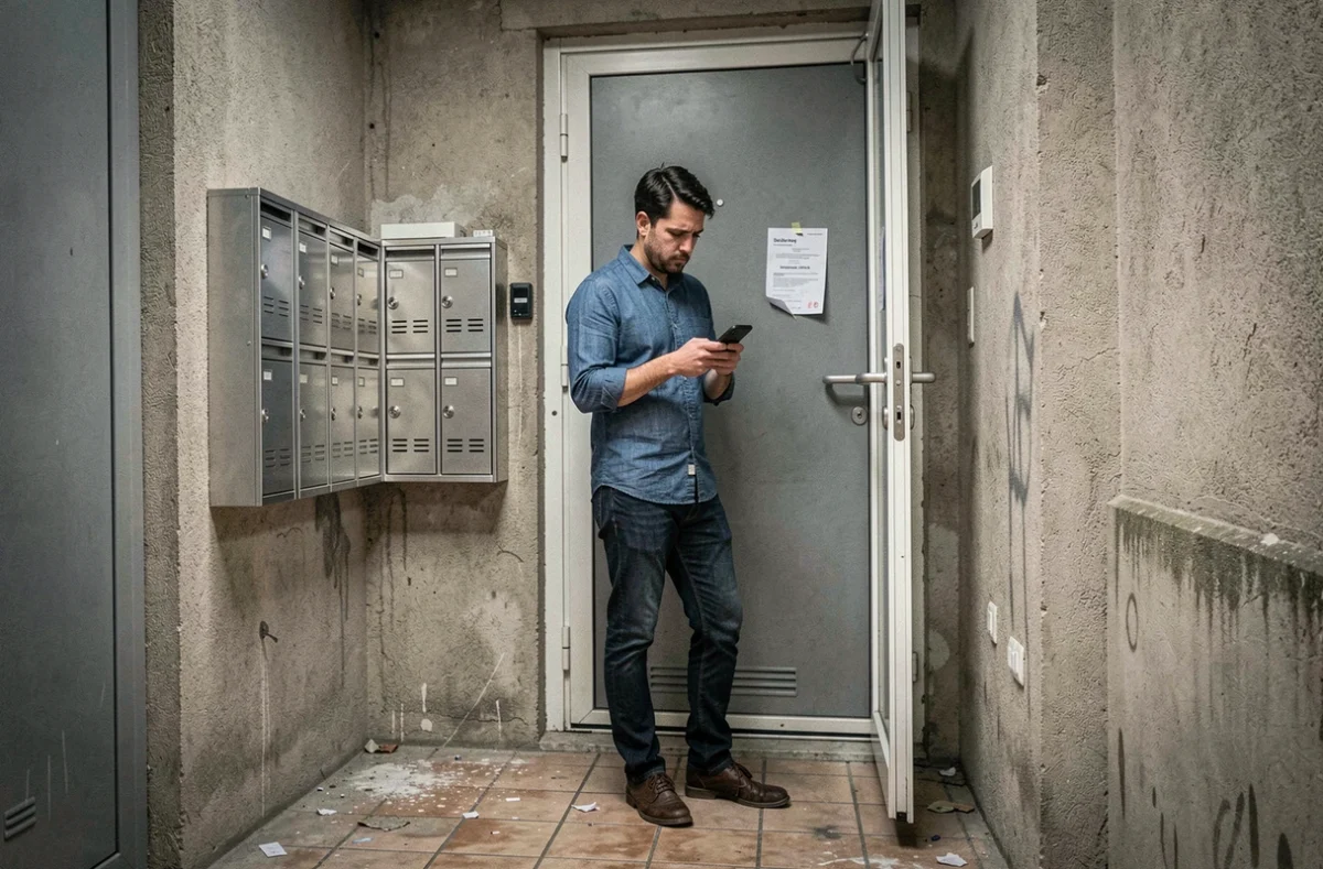 Homme déçu devant sa porte d'entrée avec un avis de passage de livraison, symbolisant un retard de livraison Darty