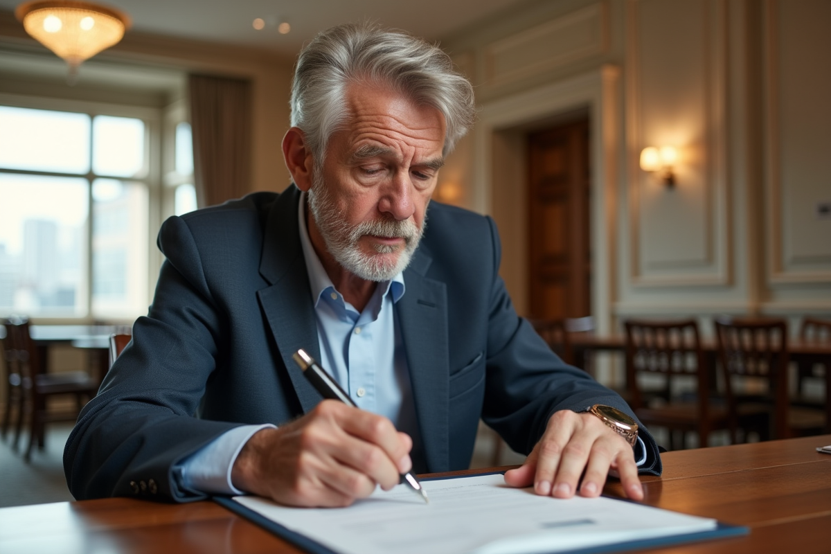 Homme d âge moyen examinant un contrat dans une salle lumineuse