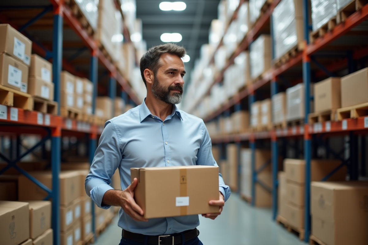 Homme en entrepôt scanne un colis avec un lecteur portable