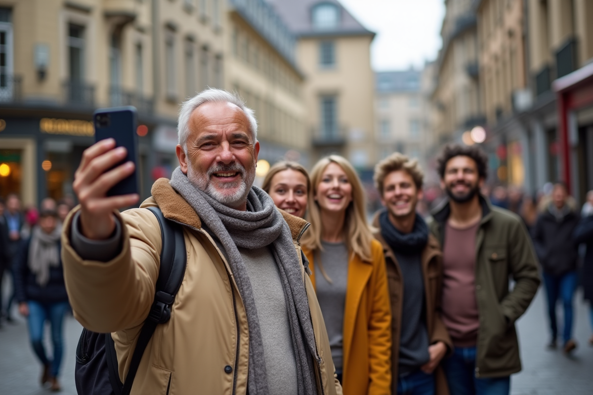 Homme prenant un selfie avec ses amis dans une place urbaine animée