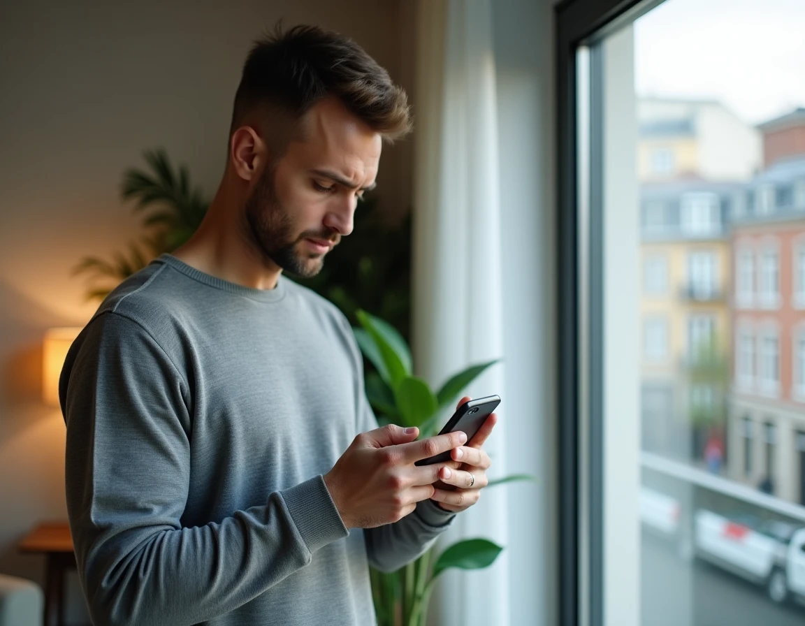 Homme consultant le site DHL sur son smartphone pour suivre un colis bloqué en douane depuis son domicile