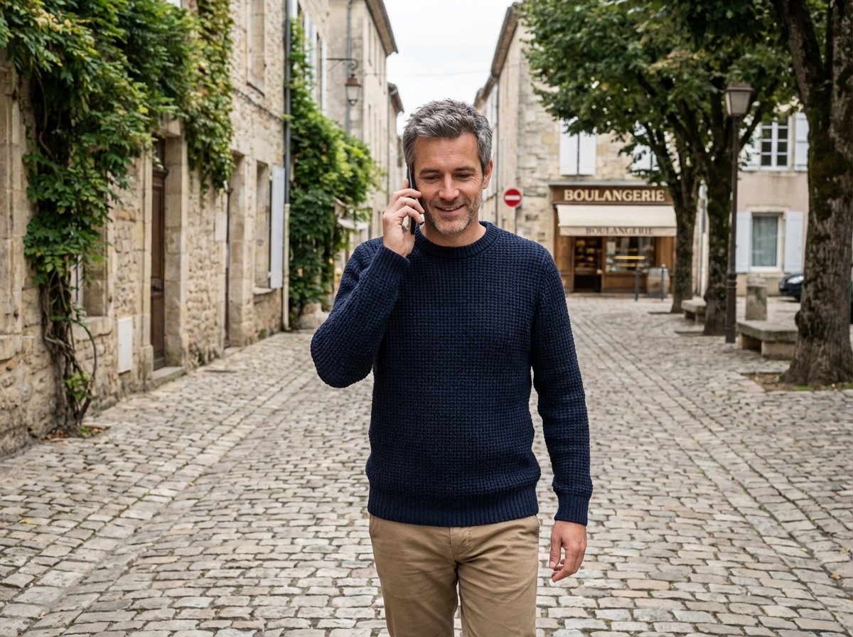 Homme en sweater parlant au téléphone dans une rue pavée calme