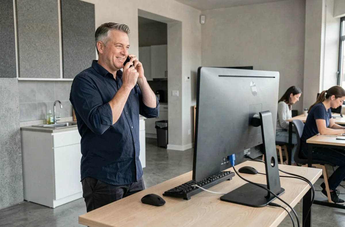 Homme au téléphone dans un espace de coworking moderne avec postes de travail debout et open space
