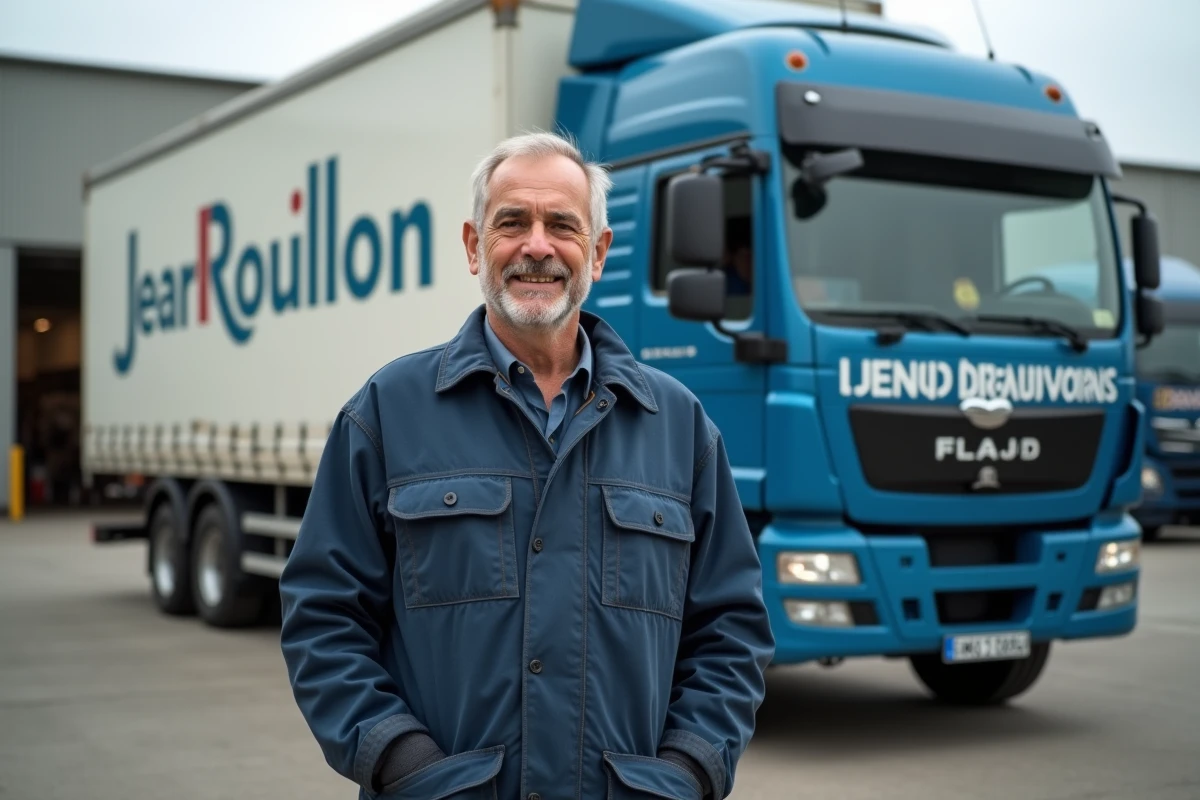 Homme d'âge moyen en veste bleue devant un camion de transport