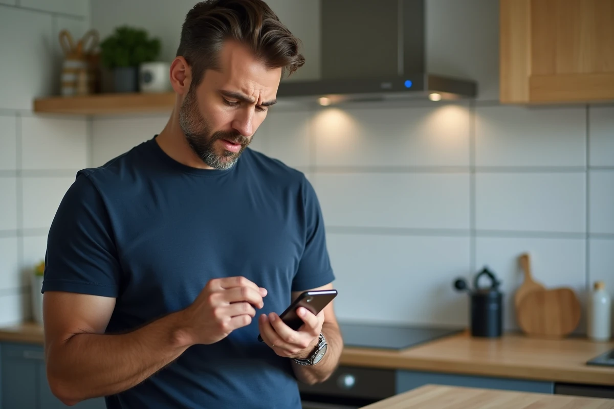 Homme consultant une transaction bancaire inconnue sur son application mobile dans sa cuisine