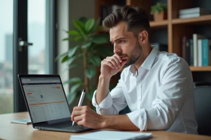 Homme concentré travaillant sur un calcul financier dans un bureau moderne