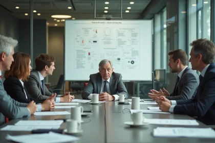 Cadre supérieur dépassé en réunion d'entreprise illustrant la théorie de Peter et l'incompétence managériale