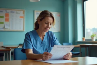 Infirmière en blouse bleue examine un planning salarial