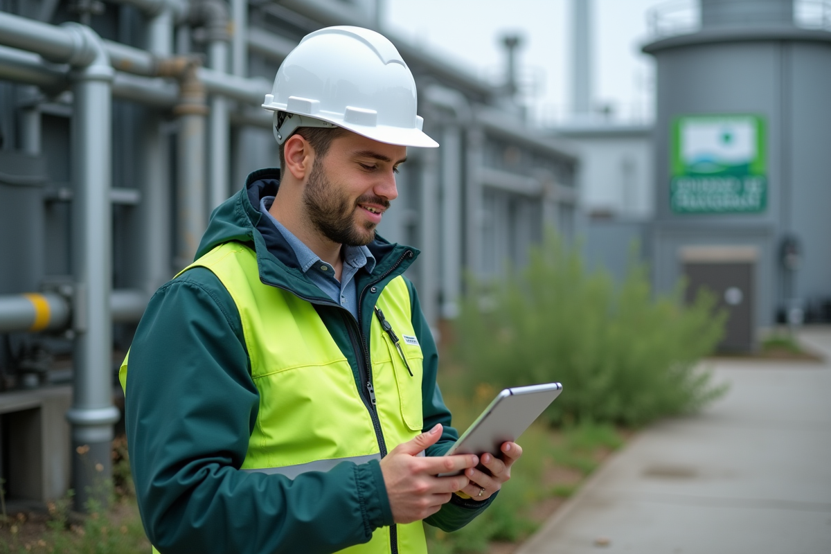 Jeune spécialiste environnement inspectant une installation