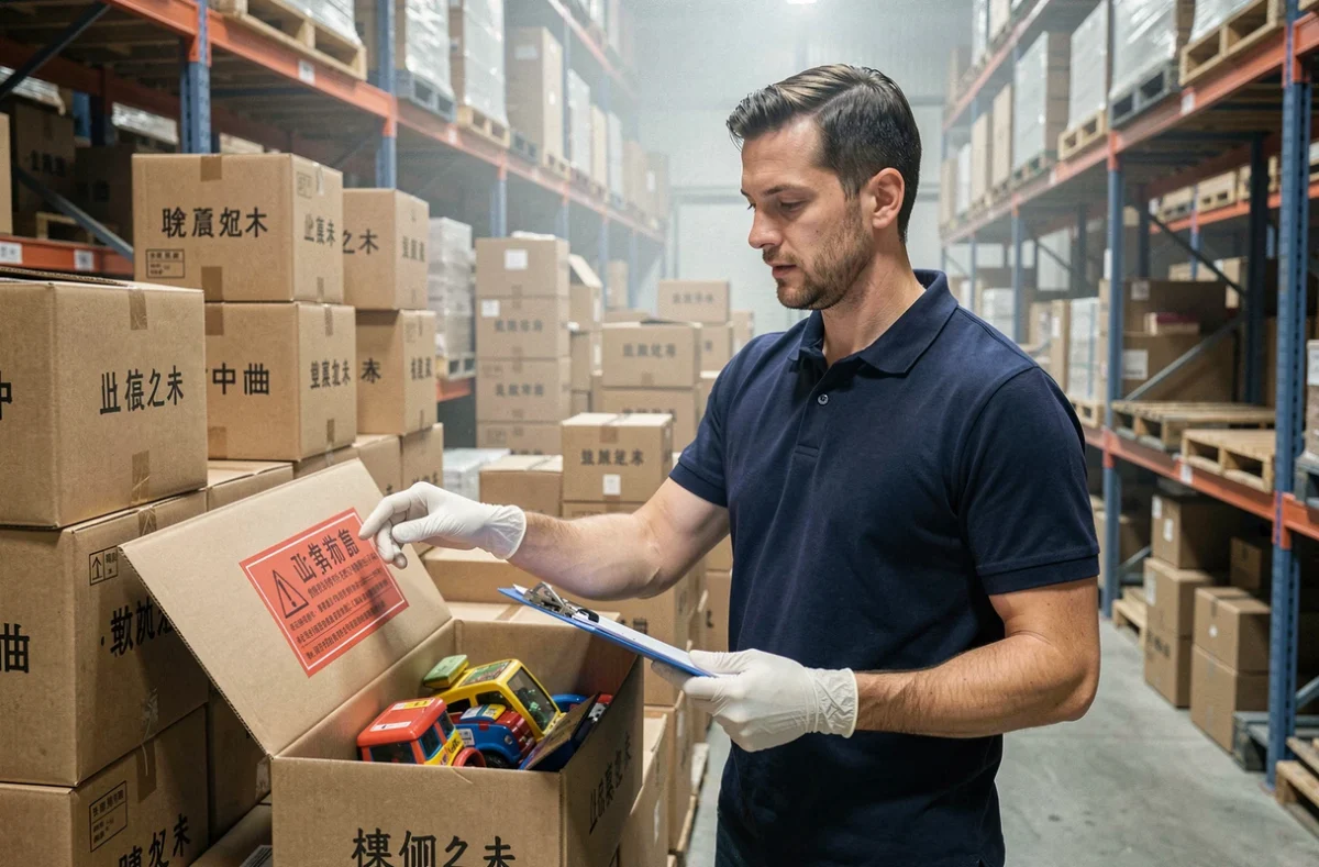Inspecteur de sécurité examinant des cartons de jouets importés de Chine dans un entrepôt douanier avec autocollant d'avertissement