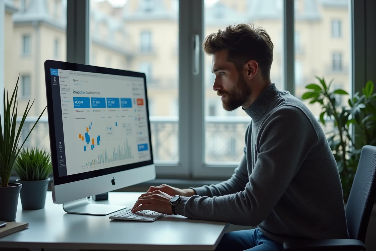 Jeune entrepreneur e-commerce analysant un tableau de bord numérique