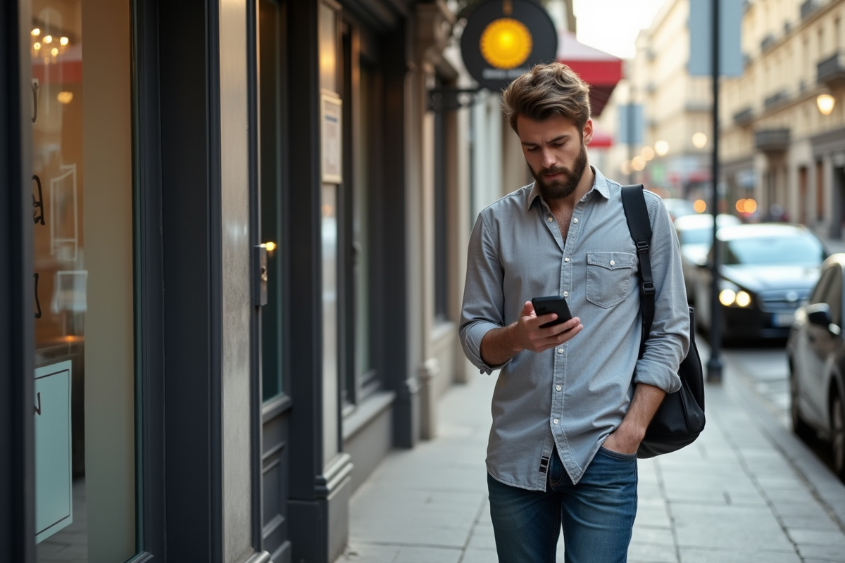 Jeune entrepreneur anxieux devant sa boutique