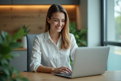 Jeune femme souriante au bureau avec ordinateur portable