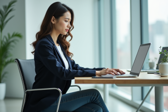 Jeune femme professionnelle au bureau avec ordinateur