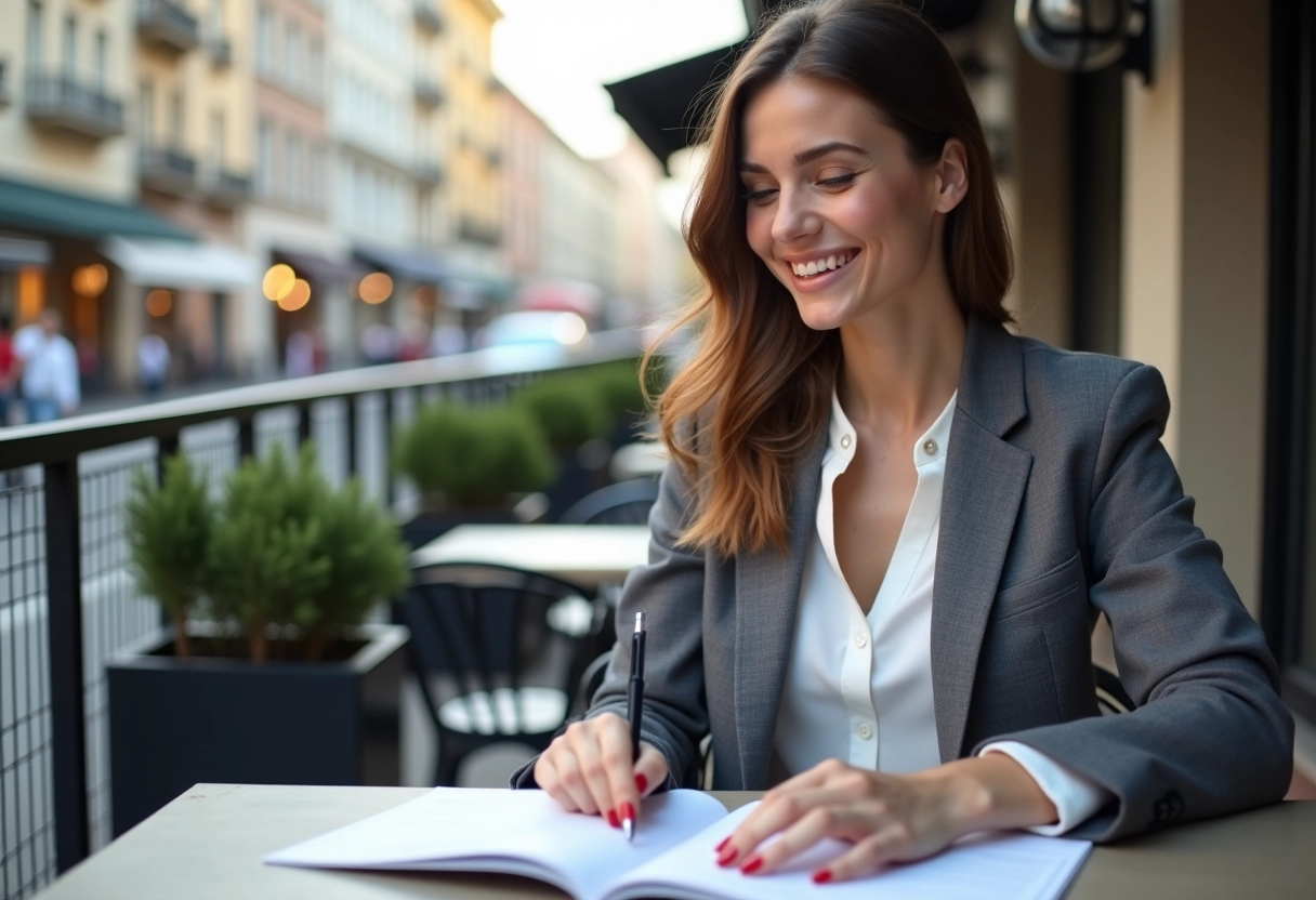 Jeune entrepreneure souriante avec brochures en extérieur