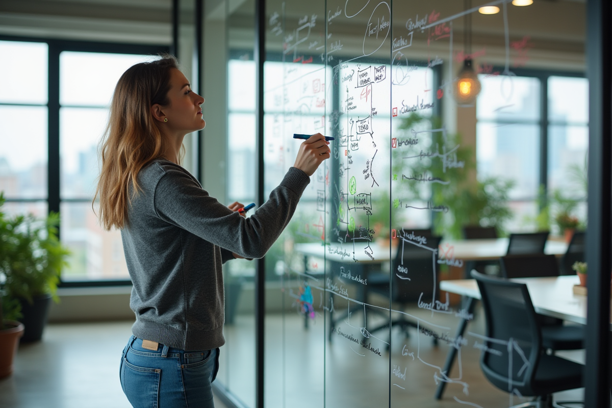 Jeune entrepreneure esquissant des idées sur une vitre moderne