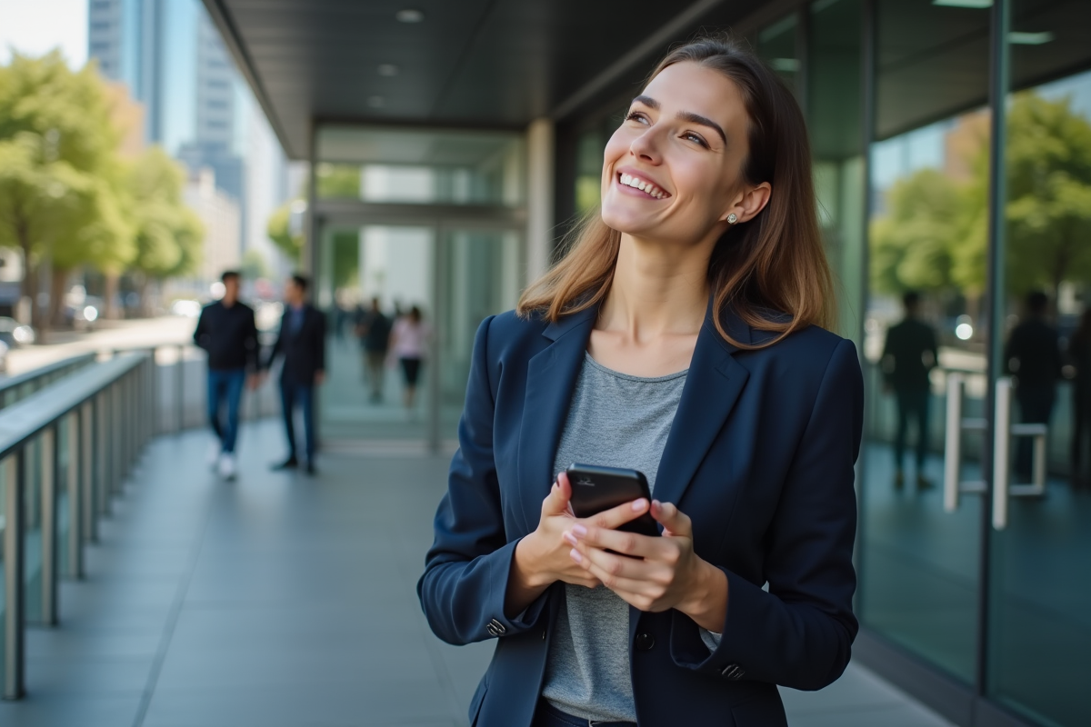 Jeune femme confiante devant un bâtiment moderne