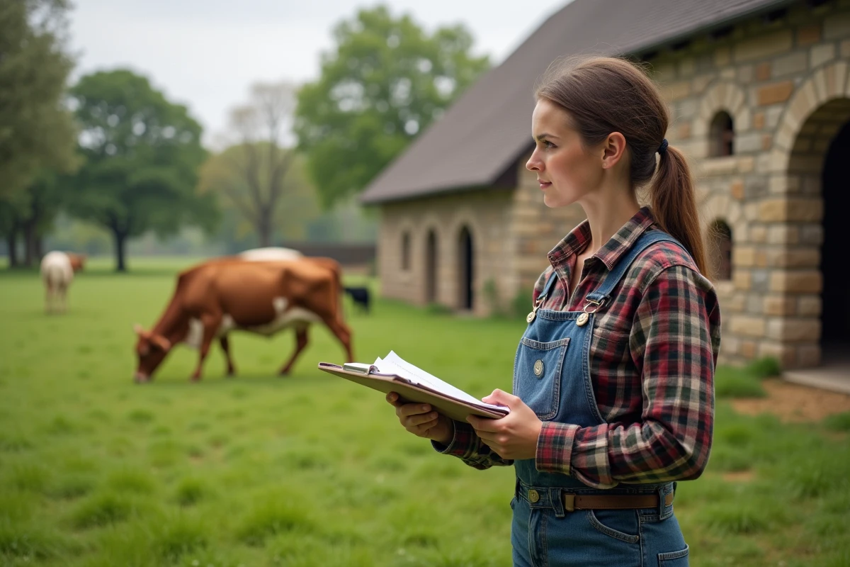 Jeune femme observant un troupeau de vaches dans un pré rural