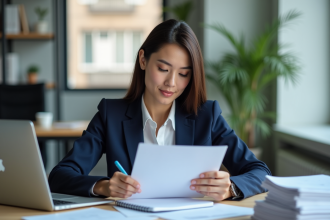 Jeune femme en bureau cherchant emploi avec son CV
