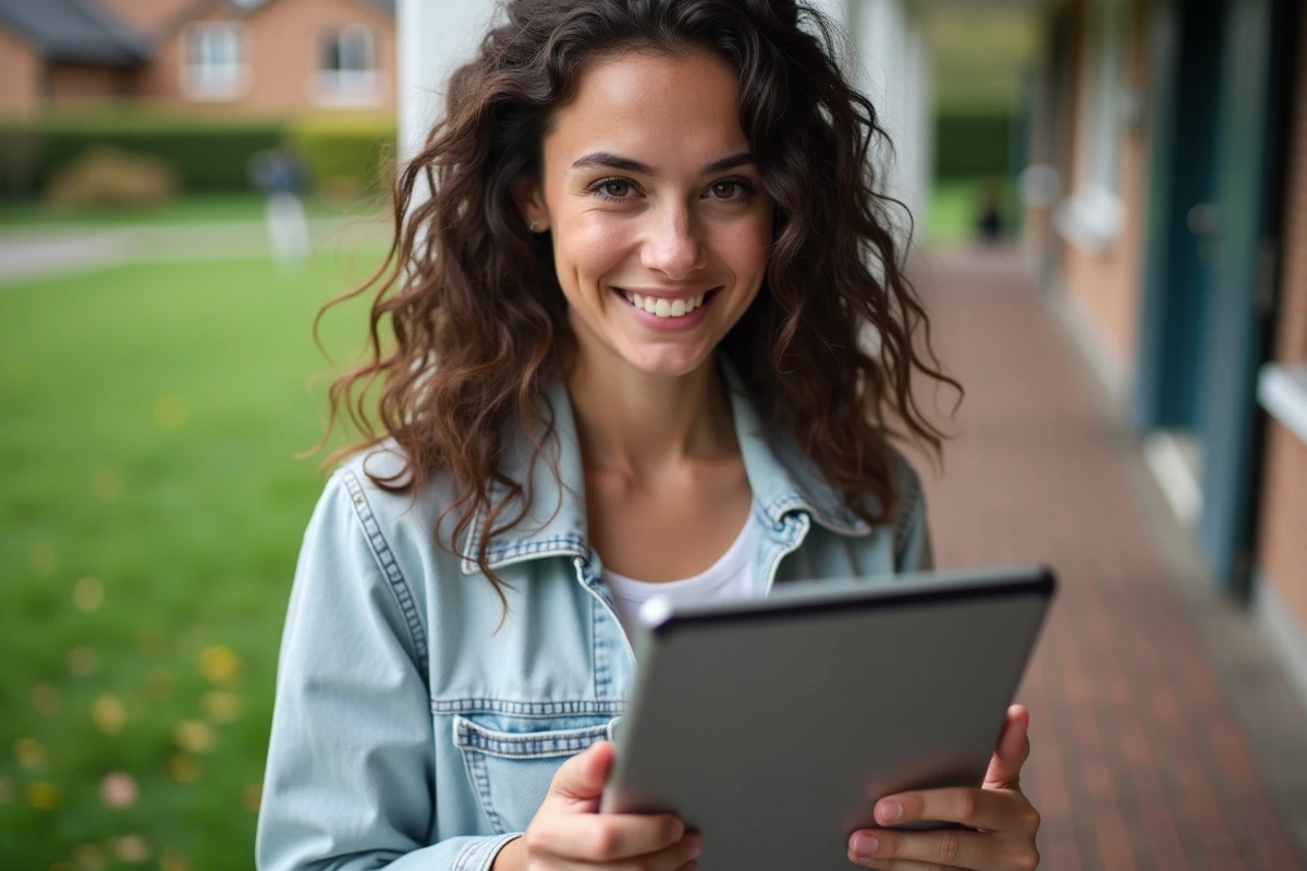 Jeune femme souriante utilisant une tablette en extérieur sur un porche
