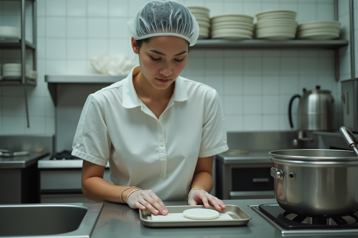 Jeune femme en cuisine lavant des plats au restaurant