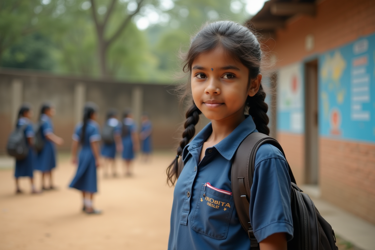 Jeune fille indienne en uniforme devant une école rurale