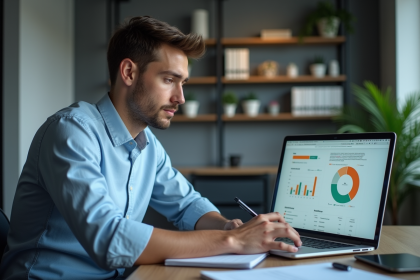 Jeune homme concentré travaillant sur un ordinateur avec tableau analytique