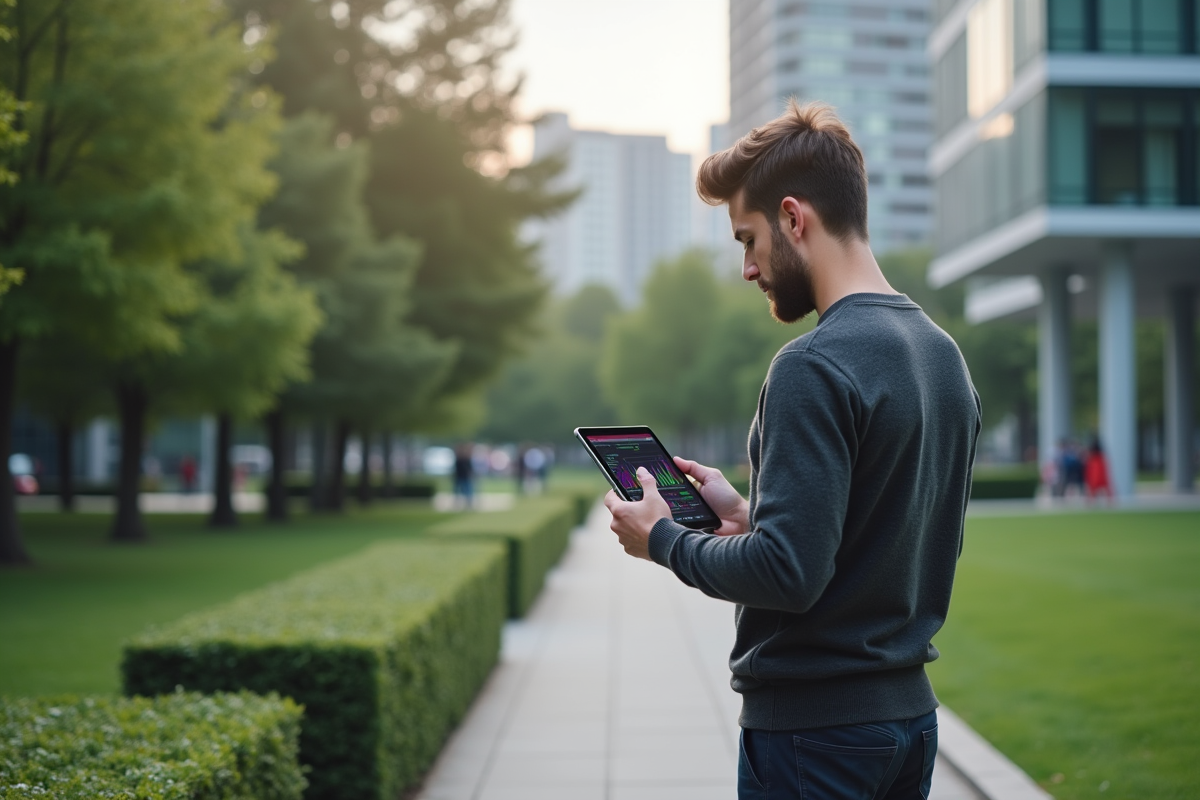 Jeune homme avec tablette dans un parc urbain