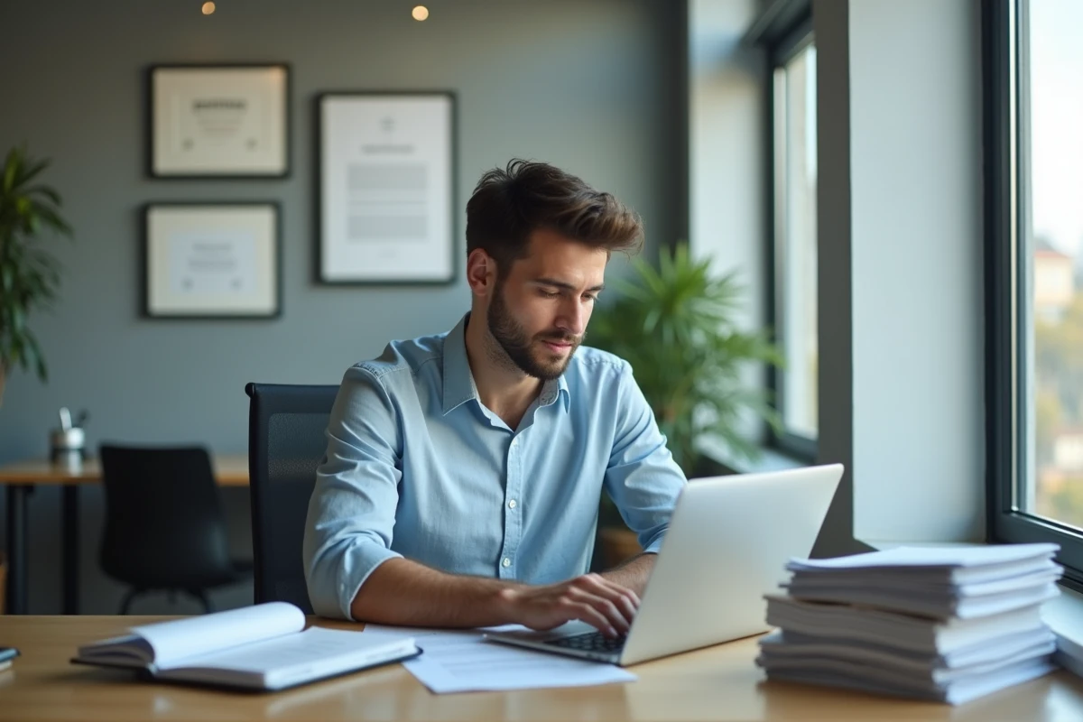 Jeune responsable RH travaillant seul &agrave; son bureau avec documents
