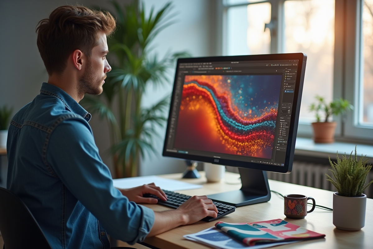 Jeune homme travaillant sur un motif textile sur son ordinateur