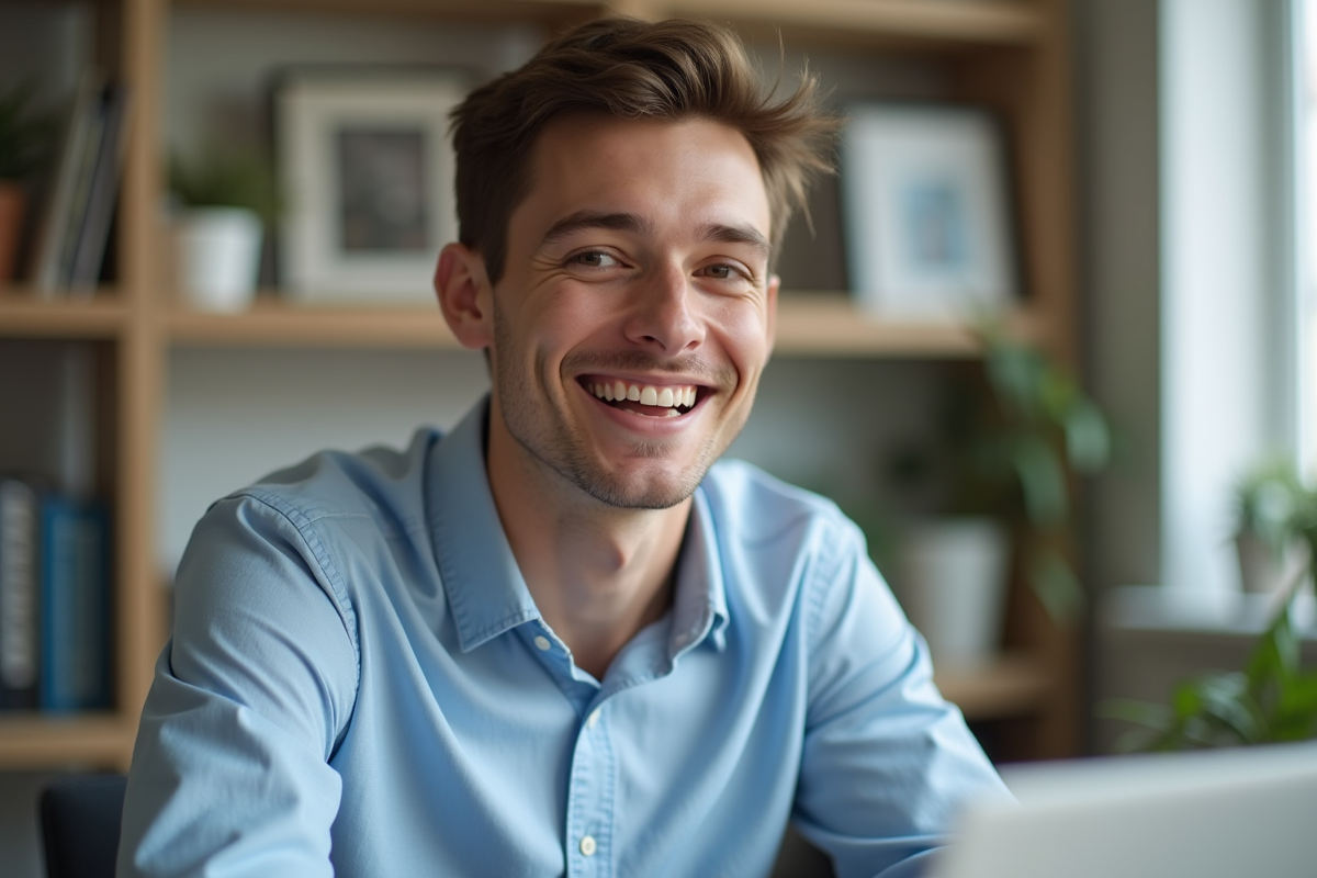Jeune homme parlant en visioconference dans un bureau lumineux
