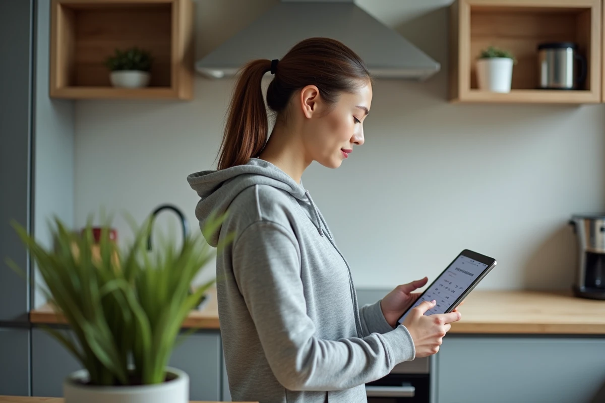 Jeune institutrice consultant ses charges fixes et les dates de paie de l'éducation nationale 2026 sur une tablette