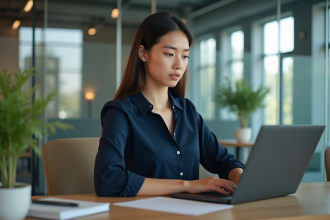 Jeune femme marketing concentrée sur son ordinateur au bureau